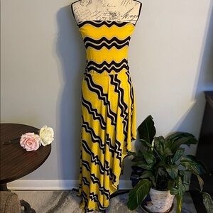 Flamingo Yellow Black Wave Print Strapless Asymmetrical Maxi Dress Summer Resort
